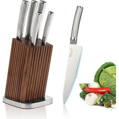 Knife Block with Kitchen Knife Set, Chef's Knife 20 cm, Bread Knife 20 cm, Cutting Knife 20 cm, Utility Knife 11 cm, Vegetable Knife 9 cm