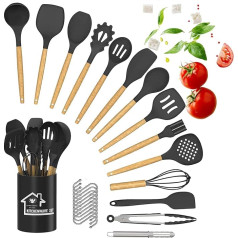 DLD Kitchen Utensil Set, 25-Piece Silicone Kitchen Utensils Set, Heat-Resistant Wooden Handles, Non-Stick Cookware Set with Container, BPA-Free, Non-Toxic
