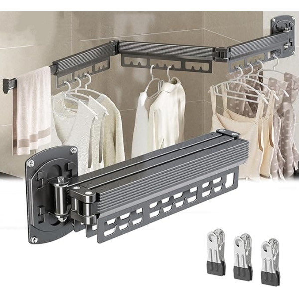 BODYGAD Retractable Clothes Airer, Wall Mounted Clothes Rack, Extendable Towel Rack, Foldable Clothes Airer, Wall Mounted and Towel Rail for Balcony, Laundry, Bathroom, Bedroom