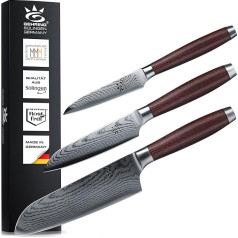 SOLINGEN PREMIUM MYII Kitchen Knife Set, 3 Pieces, Made in Germany, Ice-Hardened & Sharp Professional Damascus Knife, Knife Set Including Santoku Knife 18 cm + 13 cm + Vegetable Knife 9 cm