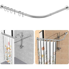 Shower Curtain Rail, No Drilling, 304 Stainless Steel L Shape Telescopic Rod, 75-105 x 115-175 cm, Includes 18 Rings, No Ceiling Bracket, Corner Shower Curtain Rail, Rustproof, for Bath and Shower -