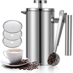 Worbic Cafetiere French Press Coffee Maker, 1000ml/963.9g Double-Walled Insulated Stainless Steel, 3-Stage Filter System, French Press for Home, Camping and Office, Silver