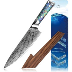 FANTECK Damascus Knife 20 cm, Japanese Knife 67 Layers Damask Kitchen Knife with Abalone Shell Handle, Damascus Steel Chef's Knife, Professional Knife, Sharp Knife, Walnut Wood Knife Sheath