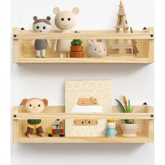 Petrala Wall Shelf Children's Room Wooden Set of 2 Bookshelves in Rattan Grid Design Floating Shelf for Organiser Kitchen Spice Rack Wall Decoration Storage Bathroom Living Room