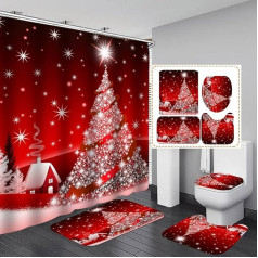 Maritown 4 Piece Christmas Shower Curtain Set with Bath Mat, Rugs and Toilet Mat for Bathroom, Waterproof Red Christmas Shower Curtain with 12 Hooks for Home, Hotel Decoration