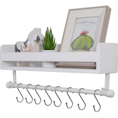 Tigcent Wall Shelf Floating Shelves Wooden Spice Rack Kitchen Shower Shelf Bathroom Shelf Hanging Shelf with Towel Holder and 8 Movable Hooks for Kitchen Bathroom Hallway