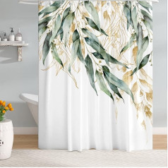 M&W DAS DESIGN Shower Curtain Made of Polyester Fabric, Leaves Green Gold Modern Watercolour Look, Anti-Mould Waterproof Bath Curtain Including 12 C-Rings, Weighted Hem, Natural Simple Elegant 180 x