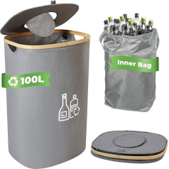 Bangleo Deposit Bottles Collection Container 100 L, Bottle Collector Empties with Washing Machine-Resistant Bottle Bag, Bamboo Frame Deposit Container for Empty Collection & Storage (Grey)