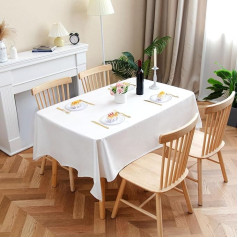 Velway Linen Tablecloth, Waterproof, 140 x 200 cm, Rectangular Tablecloth, Wipe Clean, 6 to 8 Seater Dining Tablecloth, Washable Fabric Tablecloth for Indoor and Outdoor Use for Kitchen, Party, White,