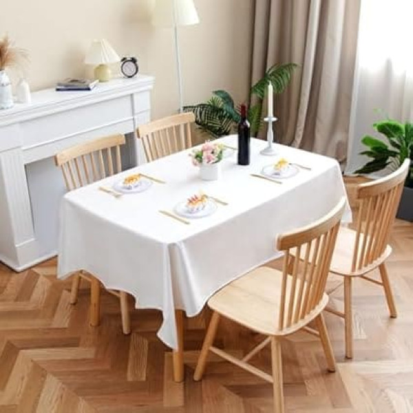 Velway Linen Tablecloth, Waterproof, 140 x 200 cm, Rectangular Tablecloth, Wipe Clean, 6 to 8 Seater Dining Tablecloth, Washable Fabric Tablecloth for Indoor and Outdoor Use for Kitchen, Party, White,