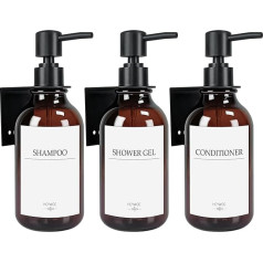 Soap Dispenser Wall Mounting, Shampoo Bottles for Filling with 16 Waterproof Labels, Washing Up Liquid Dispenser No Drilling, Bathroom Soap Dispenser Set, 500 ml, Pack of 3, Amber