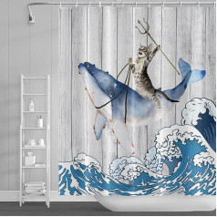 SDOTPMT 165 x 183 cm Funny Cat Riding Whale Shower Curtain Vintage Wooden Floor Japanese Sea Ocean Wave Bath Curtain Cute Cartoon Bath Curtain Waterproof for Bathroom Bath Curtain with Hooks