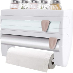 Wall Roll Holder, Kitchen Wall Shelf, Kitchen Roll Holder, Paper Roll Holder, Practical Cutting Dispenser, 3 Compartments, Kitchen Roll, Aluminium Foil Kitchen Shelf with Sharp Blades, White