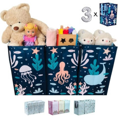 Set of 3 Laundry Baskets, Toy Organiser, Storage, Decorative, Foldable, Made from Recycled Plastic Bottles, 4 Designs (Sea)