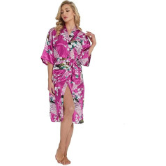 Westkun Women's Kimono Dressing Gown Long Satin Bathrobe Sexy Peacock Printed Cardigan with Pockets and Belt Long Robe Sleepwear Nightdress for Bride Pyjamas Party 3/4 Sleeves