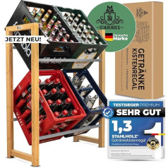 Stahlholz Drinks Crate Rack for 4 Drinks Crates - Extremely Sturdy Premium Wooden Drinks Shelf Crate Shelves Sustainable Design Thanks to Bamboo and Stainless Steel