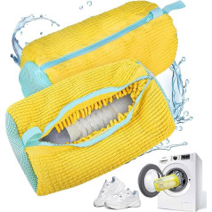 2 x Shoe Bags Washing Machine, Reusable Laundry Net Shoes with Zip, with 360° Cleaning Fluff, Shoes Wash Bag, Shock Absorbing and Noise-Reducing, for Sports Shoes (Yellow)
