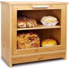 G.a HOMEFAVOR Bamboo Bread Bin 2-Layer Bamboo Bread Bin Bread Storage Bread Bin for Kitchen Counter Retro Bread Bin with Transparent Window 40 x 22 x 38 cm