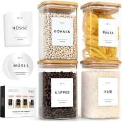 EDELHAUS Storage Jars with Bamboo Lids (4 x 1100 ml) Storage Jars with Wooden Lid and 72 Storage Labels, White, Airtight Storage Jar, Stackable Glass Containers with Lid, Kitchen Organisation