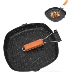 Grill Pan, Non-Stick Grill Pan with Folding Handle, Steak Frying Pan Made of Carbon Steel, Easy to Clean Bacon Baking Tool for Meat, Fish and Vegetables (28 x 28 cm)