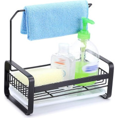 IGNPION Kitchen Sink Organizer Stainless Steel Sponge Holder Brush Soap Dish Drying Rack Dish Towel Holder Rack with Plastic Drain Tray (Large, Black)