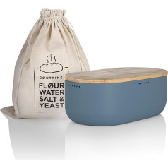 LARS NYSØM Bread Bin, Metal Bread Box with Linen Bread Bag for Long-Lasting Freshness, Lunch Box with High-Quality Bamboo Lid, Can Be Used as a Chopping Board, 36 x 19 x 13 cm (Stone Blue)