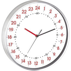 TFA Dostmann Analogue Wall Clock 24 Hour Display, 60.3069.02, with Red Hour and Black Minute Numbers, Aluminium Frame, Glass Cover, White
