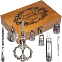 Vintage Embroidery Scissors Kit Victorian Handmade Gift Set with Antique Scissors, Thread Cutter, Thimble, Needles, Awl, Bodkin, Wrapping Board for Sewing, Knitting, Cross Stitching, Quilting