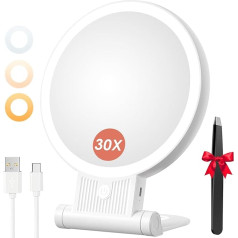 Auxmir Cosmetic Mirror with Lighting, 30/1x Double-Sided Magnifying Mirror with Light, Dimmable Table Mirror, 3 Colour Lights, 2000 mAh, Foldable Makeup Mirror for Home, Travel, Cosmetics