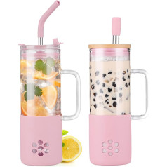 BLUEGO 600 ml Glass Cup with 2 Lids and Handles, Cute Glass Cup with Straws and Silicone Case, Iced Coffee Cup, 0.6 L Smoothie Cup, Bubble Tea Cup, Travel Mug, Pink
