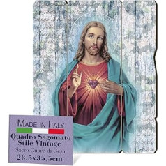 Fratelli Bonella Picture of the Sacred Heart of Jesus Vintage Poplar Wood Thickness 8 mm Religious Picture Bedroom 28.5 x 35.5 cm 100% Made in Italy