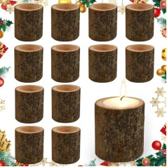 EMAGEREN Pack of 12 Wooden Tea Light Holders Personalised Timber Pile Candle Holder Votive Flameless Candles Standing Candle Holder for Weddings, Table Decoration, Valentine's Day (7 cm)