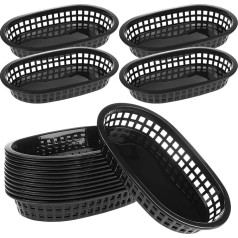 Pack of 12 Plastic Fast Food Baskets, Oval Fruit Baskets, Burgers, Hotdog, French Fries Baskets, Restaurant Serving Tray, Snack, Bread Platter for Birthday Party, Picnic, Barbecue, (Black)