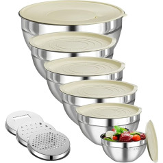 LEIKEEGO Mixing Bowl with Lid, Set of 6, Stainless Steel Bowl Set with Splash Guard, Mixing Bowl Set with 3 Grater Attachments, Size 4.5L, 3L, 2.1L, 1.6L, 1.1L, 0.7L