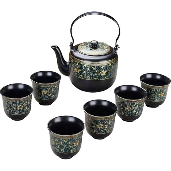 fanquare Japanese Porcelain Tea Set, Handmade Kung Fu Tea Set for Adults, Large Black Teapot and 6 Cups with Gold Flowers Pattern