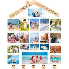 EASTERNSTAR Photo Frame Collages, Wooden Photo Hanging Picture Frame, Multi Hanging Picture Collage 16.5 x 12.2 Inches, DIY with 28 Clips and 5 Hemp Cords