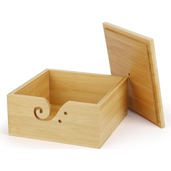 Coopay Square Yarn Bowl for Wool for Crocheting, 18 x 18 x 9 cm, Bamboo Wool Bowl with Lid, Handmade Portable Knitting Bowl with Holes for Knitting & Crochet Project, Yarn Bowl for Knitting