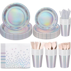 200 Pieces Iridescent Party Decorations, Paper Plates and Napkins, Iridescent Party Tableware Set for Mermaid Unicorn Birthday Wedding Party for 25 People (Iridescent Set)