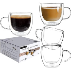 Double Walled Design Glass Cups with Handle for Tea and Coffee, Insulated Glasses, Heat Resistant Thermal Mug for Cappuccino, Latte, Tea Drinks(Set of 4 x 250ml)