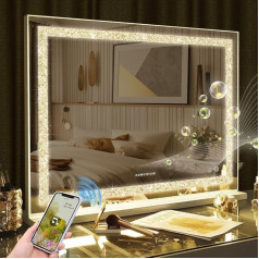 FENCHILIN Bluetooth Hollywood Mirror 80 x 60 cm Make-Up Mirror with Lighting Crushed Diamond Crystal Makeup Mirror with Speaker Large LED Mirror 3 Dimmable Light Colours USB Port White