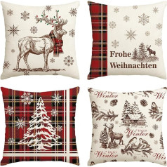 Artoid Mode Red Buffalo Check Christmas Tree Reindeer Merry Christmas Cushion Covers Set of 4 50 x 50 cm Winter Decorative Cushion Cover Couch Decoration