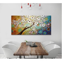 Orlco Art Wall Decoration Hand-Painted Landscape Flower Wall Art Abstract Spatula Gold Tree Blossom Painting On Canvas Family Wall Living Room Art Wall Decoration Stretched 71 x 142 cm