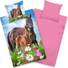 Aminata kids Bed Linen Horses 135 x 200 cm Girls Cotton Foal Children – Children's Bedding with Horse Bedding Motif – Brown Pink – Zip
