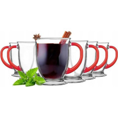 Glasmark KROSNO 1992 Cuba Coffee Glasses Set of 6 with Red Handle Cappuccino Iced Coffee Glasses Mugs Dishwasher Safe 6 x 400 ml