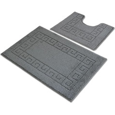 Ambience Products Greek Key Pattern Bath Mats Non-Slip Soft Washable Quick Dry Water Absorbent Bathroom Shower Mat and Toilet Set (Anthracite)