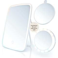 Batheology® [2+1 Piece Cosmetic Mirror with Lighting Made of 42 LEDs, Make-up Mirror with 5x Magnification Built-In - USB Rechargeable + Selfie Light Mobile Phone 40 LED, 3-Colour Dimmable Touchscreen