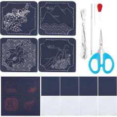 FREEBLOSS Set of 4 Sashiko Coaster Set with Instructions Sashiko Kit for Beginners Mountain and Flowers Sashiko with Embroidery Tyres Coaster for Housewarming Gift Square
