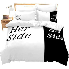 Loussiesd Her Side His Side Bed Linen Set King Size White Black Couples Comforter Cover for Women Lovers Microfibre Duvet Cover Set Soft Breathable Bed Linen Room Decoration Zip