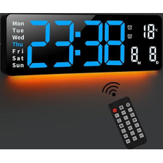 Fuloon Digital Wall Clock, 8 Colours Wall Clock Digital, 16 Inch Large Display LED Digital Clock with Night Lights, Remote Control, Countdown, Dimmable Large Clock with Date, Week, Temperature