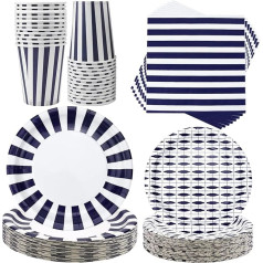 Blue Stripe Party Tableware Includes Plates Cups Napkins Baby Shower Wedding Birthday Decorations Serves 40 Guests (Navy)